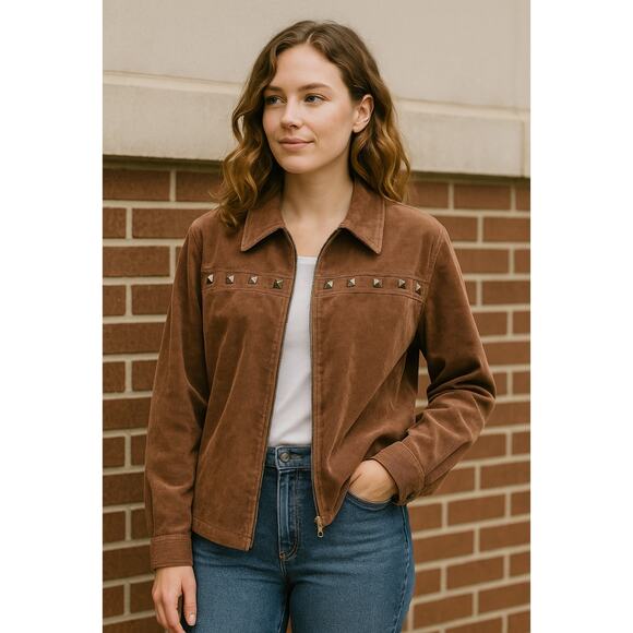 BonWorth Brown Corduroy Studded Western Jacket Zip Front Size Large - Picture 2 of 11